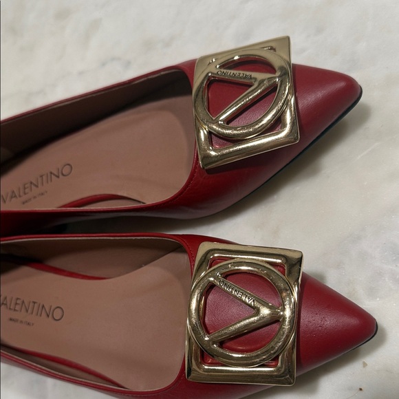 Valentino by Mario Valentino Red Leather Pointed Flats with Gold V Logo Plaque - Picture 5 of 5